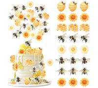 Rsstarxi 63 Pack Edible Bumble Bee Cupcake Toppers Waper Paper Sunflower Honey Bee Honeycomb Oh Babee Cupcake Picks Decors for Bee Theme Baby Shower Kids Birthday Party Cake Decorations