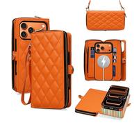 Rssviss Crossbody Wallet Case for iPhone 17 Pro Max with Wrist Strap, Detachable Zipper Purse, Magnetic Flip RFID Blocking Card Holder, Wireless Charging Removable Cover for Men Women 6.9", Orange
