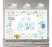 Rsuuinu 1st Birthday Backdrop Some Bunny is One Blue Egg Floral Leaves Rabbit Photography Background for Girls Kids Bunny First Birthday Decorations Banner Photo Booth Studio Props 7x5ft