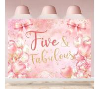 Rsuuinu 5th Birthday Backdrop Five and Fabulous Pink Bow Balloon Gold Dots Background for Photography Girls Five Years Old Birthday Party Decorations Favors Banner Photo Booth Props 7x5ft