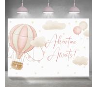 Rsuuinu Adventure Awaits Backdrop Baby Shower for Girls Hot Air Balloon Cloud Stars Photography Background Baby Shower Party Decoration Supplies Cake Table Banner Photo Booth Studio Props 7x5ft