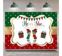 Rsuuinu Christmas Gender Reveal Themed Backdrop He or She What The Elf Will it Be Green Red Photography Background Baby Shower Party Decoration Supplies Banner Photo Booth Studio Props 7x5ft