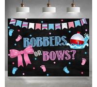 Rsuuinu Gender Reveal Backdrop Bobbers or Bows Blue Pink Background for Photography 7x5ft He or She Baby Shower Party Decorations Favors Banner Photo Props