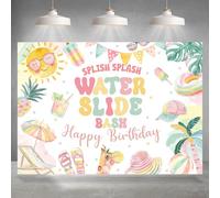 Rsuuinu Happy Birthday Backdrop for Girls Splish Splash Water Slide Bash Background for Photography 7x5ft Summer Birthday Party Decorations Favors Banner Photo Booth Props