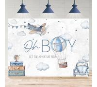 Rsuuinu Oh Boy Backdrop Let The Adventure Begin Hot Air Balloon Cloud Traveling Plane Photography Background 7x5ft Boys Baby Shower Party Decoration Supplies Banner Photo Booth Studio Props