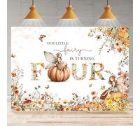 Rsuuinu Pumpkin 4th Birthday Backdrop for Girls Floral Autumn Our Little Fairy is Turning Four Wonderland Photography Background Fourth Birthday Party Decoration Supplies Banner Photo Booth Prop 7x5ft
