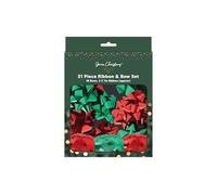 RSW Christmas 21 Piece Ribbon & Bow Set - 18 Red & Green Foil Bows with 3 x 7m Foil Ribbons - Festive Gift Wrapping Accessory Pack