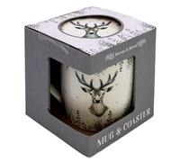 RSW Christmas Stag Mug & Coaster Set - 350ml Bone China - Gift Idea for Xmas - Stag Themed, Hot Drinks, Tea, Coffee