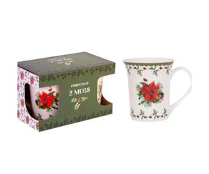 RSW Coffee Mug Set Fine China Christmas Holly 340ml Cups Hot Choco Beverages 2pcs