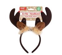 RSW Fluffy Reindeer Antler Headband for Dogs - Christmas Pet Accessory - Christmas Headband for Dogs, Dog Christmas Dress Up - Brown with Fur Trim