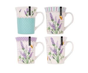 RSW INTERNATIONAL Lavender 4-Pack Bone China Mugs, 13oz, Floral Designs