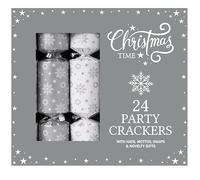 RSW Set of 24 Christmas Crackers - White and Silver Snowflake/Star Design - 9” - Perfect for Christmas Celebration - Festive Table Decoration Xmas Party Celebration