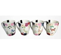 RSW Set of 4 Floral Butterfly Mugs Large 11oz New Bone China Drinking Mugs Tea Coffee Cups, White