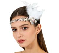 Rswnyirn 1920's Flapper Headband Rhiestones Feather Headpiece Tassel Head Bands Bridal Head Chain For Women Gold A One Size