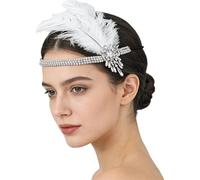 Rswnyirn 1920's Flapper Headband Rhiestones Feather Headpiece Tassel Head Bands Bridal Head Chain For Women Silver B One Size