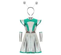 Rswnyirn 3Pcs Girls Halloween Alien Costume Kids Sleeveless A-line Dress Outer Space Outfit Fancy Dress Green Silver 11-12 Years