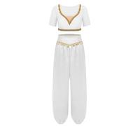 Rswnyirn Adult Arabian Fancy Dress 2 Pcs Set Shiny Sequin Tassel Rave Dance Costume White L