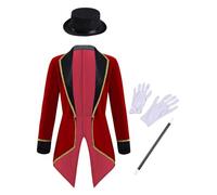 Rswnyirn Boys/girls 4pcs Circus Ringmaster Magic Costume Tuxedo Outfit Long Sleeve Tailcoat Jacket with Accessory Burgundy 13-14 Years