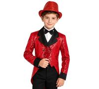 Rswnyirn Boys' Tuxedo with Tails Magician Outfits Sequin Jacket Slim Fit Tailcoat Blazer with Magic Accessories Z Red 11-12 Years