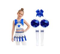 Rswnyirn Cheer Leader Set for Big Girls 5 Pcs with Dance Crop Top Pleated Skirt Pom Poms Stockings Blue 9-10 Years