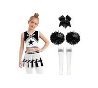 Rswnyirn Cheer Leader Set for Big Girls 5 Pcs with Dance Crop Top Pleated Skirt Pom Poms Stockings Black White 9-10 Years
