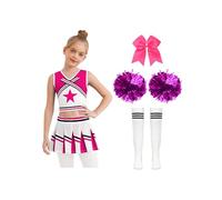 Rswnyirn Cheer Leader Set for Big Girls 5 Pcs with Dance Crop Top Pleated Skirt Pom Poms Stockings Pink 9-10 Years