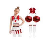 Rswnyirn Cheer Leader Set for Big Girls 5 Pcs with Dance Crop Top Pleated Skirt Pom Poms Stockings Red 9-10 Years