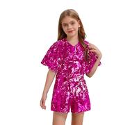 Rswnyirn Girl Sequin Romper Shiny V Neck Shorts Jumpsuit Cap Sleeve Dance Outfits Glitters One Piece Overalls Hot Pink 5-6 Years