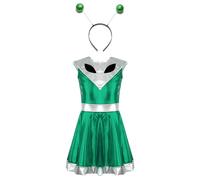 Rswnyirn Girls Alien Costume Kids Sleeveless Space Man Dress Metallic Glossy Dress with Hair Hoop Set Green 9-10 Years