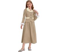 Rswnyirn Girls Pioneer Historical Costume Victorian Nanny Long Sleeve Formal Dress English Uniform Khaki 9-10 Years