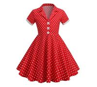 Rswnyirn Kids 50s Vintage Princess Dress Girls Retro Notch Lapel Short Sleeve Polka Dots A-line Dress Red 5-6 Years