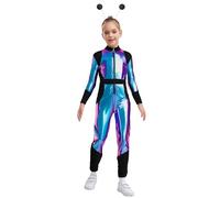 Rswnyirn Kids Alien Robot Costume Metallic Long Sleeve Zip Neck Overall with Feeler Outer Space Dance Outfit Blue Black 9-10 Years