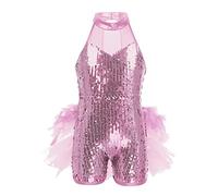 Rswnyirn Kids Girls Halter Sequins Ballet Dance Leotard Costume Jazz Latin Dance Dress Gymnastics Leotard Pink 11-12 Years