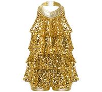 Rswnyirn Kids Halter Latin Dance Costume Girls Sleeveless Shiny Sequins Dance Dress Leotard for Dance Class Gold 11-12 Years