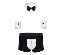 Rswnyirn Mens Sexy Waiter Costume Lingerie Set Boxer Shorts Underwear with Bow Tie Collar Bracelets Black&White XXL