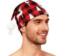 Rswnyirn Sleeping Cap for Men Buffalo Plaid Night Hat with Pom Ball for Winter Christmas Red B One Size