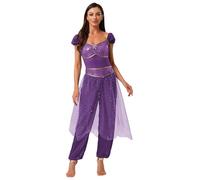 Rswnyirn Women Arabian Princess Costume One Piece Shiny Belly Dance Romper with Tulle Overlay for Halloween Party Purple XXL