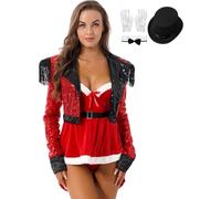 Rswnyirn Women Circus Ring Master Costume Adult Halloween Tailcoat Sequins Long Sleeve Dress Outfit Red L