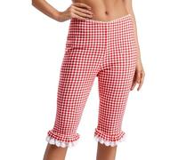 Rswnyirn Women Gingham Lace Trim Capri Pants Plaid Ruffle Hem Cropped Pants Stretch Knee Length Skinny Crop Leggings Red S
