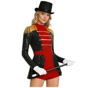 Rswnyirn Women Shiny Sequin Ballet Dance Leotards with Hat Wand and Gloves | Halloween Circus Party Outfit,Sequin Ringmaster Outfit Set,Stage Show Dance Costume,Long Sleeve,Short Length Circus Costume