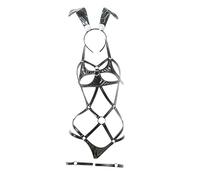 Rswnyirn Womens Anime Bunny Girl Costume Faux Leather Strappy Hollow Out Bodysuit Cosplay Outfits Black One Size