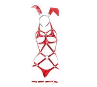 Rswnyirn Womens Anime Bunny Girl Costume Faux Leather Strappy Hollow Out Bodysuit Cosplay Outfits Red One Size