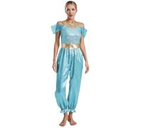 Rswnyirn Womens Halloween Arabian Princess Belly Dance Costume Sequins Off Shoulder Jumpsuit Bodysuit Romper Light Blue 3XL