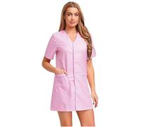 Rswnyirn Women's Short Sleeve Button Uniform Dress Salon Artist Beautician Pet Groomers Work Costume Pink M