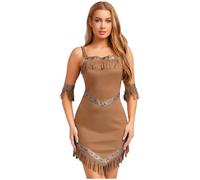 Rswnyirn Womens Sleeveless Faux Suede Native Indian Costume Dress With Tassel Trim And Armbands For Parties Brown XL