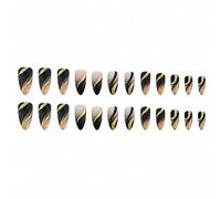 RSYHVG 24 Pcs Black Almond Press On Nails, Medium Length Gold Foil Glitter False Nails with Black Gold Line Design, Glossy Full Cover Acrylic Artificial Nails for Women Manicure Decoration
