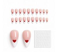 RSYHVG 24PCS Medium Almond Press On Nails, French Tip False Nails with White Edge Red Heart Design, Glossy Full Cover Stick On Nails with Glue for Women DIY Nail Art Valentine's Day