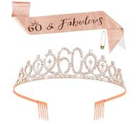 RSYHVG 60th Birthday Sash Rose Gold Birthday Queen and Sash for Women, Rhinestone Crowns Kit for 60th Birthday Gifts, Crystal Tiara Satin Sash for 60th Birthday Party