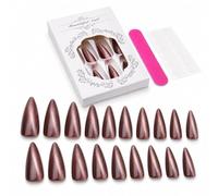 RSYHVG Velvet Brown Cat-Eye Magnetic Press On Nails, Medium Almond Shape, Glossy Glitter Handmade Acrylic Fake Nails with French Tip, Fall Winter Dark Glam False Nails for Women, 24 Pack