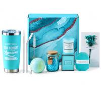 RT ESSENTIALS Spa Gift Set for Women with Insulated Tumbler, Pamper Gift Set & Spa Hamper with Scented Candle, Bath Bomb, Bath Salts, Handmade Soap, Greeting Card & Straw Kit, Gift Box for Women